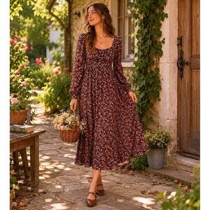 Zara Floral Prairie Midi Dress Romantic Coquette Cottagecore Style SZ L Fairy
